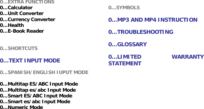 0&hellip;EXTRA FUNCTIONS 0&hellip;Calculator 0&hellip;Unit Converter 0&hellip;Currency Converter 0&hellip;Health 0&hellip;E-Book Reader   0&hellip;SHORTCUTS  0&hellip;TEXT INPUT MODE  0&hellip;SPANISH/ENGLISH IUPUT MODE  0&hellip;SYMBOLS  0&hellip;MP3 AND MP4 INSTRUCTION  0&hellip;TROUBLESHOOTING  0&hellip;GLOSSARY  0&hellip;LIMITED WARRANTY STATEMENT 0&hellip;Multitap ES/ABC Input Mode 0&hellip;Multitap es/abc Input Mode 0&hellip;Smart ES/ABC Input Mode 0&hellip;Smart es/abc Input Mode 0&hellip;Numeric Mode       