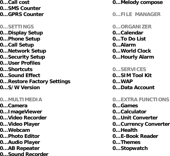 0&hellip;Call cost 0&hellip;SMS Counter 0&hellip;GPRS Counter  0&hellip;SETTINGS 0&hellip;Display Setup 0&hellip;Phone Setup 0&hellip;Call Setup 0&hellip;Network Setup 0&hellip;Security Setup 0&hellip;User Profiles 0&hellip;Shortcuts 0&hellip;Sound Effect 0&hellip;Restore Factory Settings 0&hellip;S/W Version  0&hellip;MULTIMEDIA  0&hellip;Camera 0&hellip;ImageViewer 0&hellip;Video Recorder  0&hellip;Video Player 0&hellip;Webcam 0&hellip;Photo Editor 0&hellip;Audio Player 0&hellip;AB Repeater 0&hellip;Sound Recorder 0&hellip;Melody compose  0&hellip;FILE  MANAGER  0&hellip;ORGANIZER 0&hellip;Calendar 0&hellip;To Do List 0&hellip;Alarm 0&hellip;World Clock 0&hellip;Hourly Alarm  0&hellip;SERVICES 0&hellip;SIM Tool Kit 0&hellip;WAP 0&hellip;Data Account  0&hellip;EXTRA FUNCTIONS 0&hellip;Games 0&hellip;Calculator 0&hellip;Unit Converter 0&hellip;Currency Converter 0&hellip;Health 0&hellip;E-Book Reader 0&hellip;Themes 0&hellip;Stopwatch  