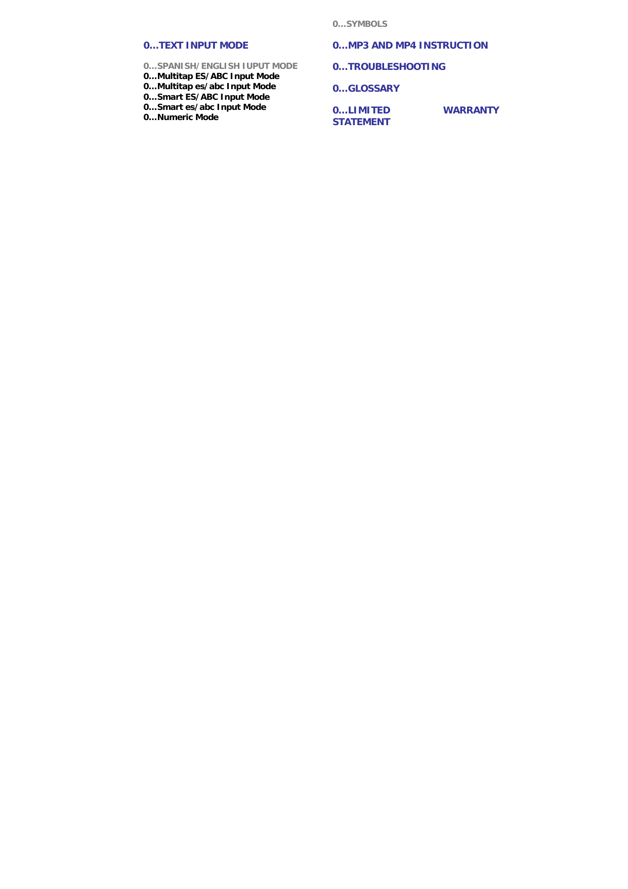   0&hellip;TEXT INPUT MODE  0&hellip;SPANISH/ENGLISH IUPUT MODE 0&hellip;Multitap ES/ABC Input Mode 0&hellip;Multitap es/abc Input Mode 0&hellip;Smart ES/ABC Input Mode 0&hellip;Smart es/abc Input Mode 0&hellip;Numeric Mode  0&hellip;SYMBOLS  0&hellip;MP3 AND MP4 INSTRUCTION  0&hellip;TROUBLESHOOTING  0&hellip;GLOSSARY  0&hellip;LIMITED WARRANTY STATEMENT               