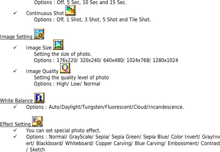                      Options : Off, 5 Sec, 10 Sec and 15 Sec. 9 Continuous Shot  : Options : Off, 1 Shot, 3 Shot, 5 Shot and Tile Shot.  Image Setting   9 Image Size  : Setting the size of photo. Options : 176x220/ 320x240/ 640x480/ 1024x768/ 1280x1024 9 Image Quality  : Setting the quality level of photo Options : High/ Low/ Normal  White Balance   9 Options : Auto/Daylight/Tungsten/Fluorescent/Cloud/Incandescence.  Effect Setting   9 You can set special photo effect. 9 Options : Normal/ GrayScale/ Sepia/ Sepia Green/ Sepia Blue/ Color Invert/ GrayInvert/ Blackboard/ Whiteboard/ Copper Carving/ Blue Carving/ Embossment/ Contrast/ Sketch  
