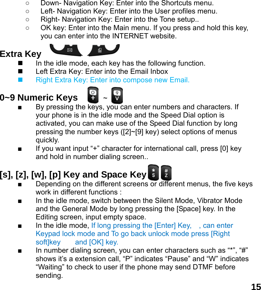  15○  Down- Navigation Key: Enter into the Shortcuts menu.   ○  Left- Navigation Key: Enter into the User profiles menu. ○  Right- Navigation Key: Enter into the Tone setup.. ○  OK key: Enter into the Main menu. If you press and hold this key, you can enter into the INTERNET website.  Extra Key       In the idle mode, each key has the following function.  Left Extra Key: Enter into the Email Inbox  Right Extra Key: Enter into compose new Email.  0~9 Numeric Keys       ~  ■  By pressing the keys, you can enter numbers and characters. If your phone is in the idle mode and the Speed Dial option is activated, you can make use of the Speed Dial function by long pressing the number keys ([2]~[9] key) select options of menus quickly. ■  If you want input &ldquo;+&rdquo; character for international call, press [0] key and hold in number dialing screen..  [s], [z], [w], [p] Key and Space Key               ■  Depending on the different screens or different menus, the five keys work in different functions : ■  In the idle mode, switch between the Silent Mode, Vibrator Mode and the General Mode by long pressing the [Space] key. In the Editing screen, input empty space. ■  In the idle mode, If long pressing the [Enter] Key,  , can enter Keypad lock mode and To go back unlock mode press [Right soft]key    and [OK] key.  ■  In number dialing screen, you can enter characters such as &ldquo;*&rdquo;, &ldquo;#&rdquo; shows it&rsquo;s a extension call, &ldquo;P&rdquo; indicates &ldquo;Pause&rdquo; and &ldquo;W&rdquo; indicates &ldquo;Waiting&rdquo; to check to user if the phone may send DTMF before sending. 