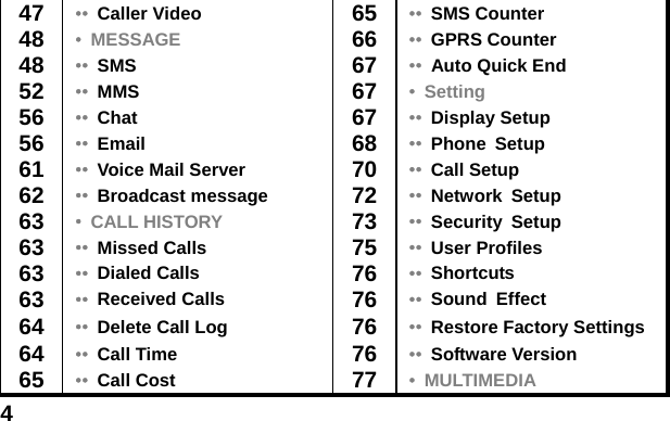  4  47 &bull;&bull;  Caller Video 65 &bull;&bull;  SMS Counter 48 &bull;  MESSAGE  66 &bull;&bull;  GPRS Counter 48 &bull;&bull;  SMS  67 &bull;&bull;  Auto Quick End 52 &bull;&bull;  MMS  67 &bull;  Setting 56 &bull;&bull;  Chat  67 &bull;&bull;  Display Setup 56 &bull;&bull;  Email  68 &bull;&bull;  Phone Setup 61 &bull;&bull;  Voice Mail Server  70 &bull;&bull;  Call Setup 62 &bull;&bull;  Broadcast message  72 &bull;&bull;  Network Setup 63 &bull;  CALL HISTORY 73 &bull;&bull;  Security Setup 63 &bull;&bull;  Missed Calls  75 &bull;&bull;  User Profiles 63 &bull;&bull;  Dialed Calls  76 &bull;&bull;  Shortcuts 63 &bull;&bull;  Received Calls  76 &bull;&bull;  Sound Effect 64 &bull;&bull;  Delete Call Log  76 &bull;&bull;  Restore Factory Settings 64 &bull;&bull;  Call Time  76 &bull;&bull;  Software Version 65 &bull;&bull;  Call Cost  77 &bull;  MULTIMEDIA 