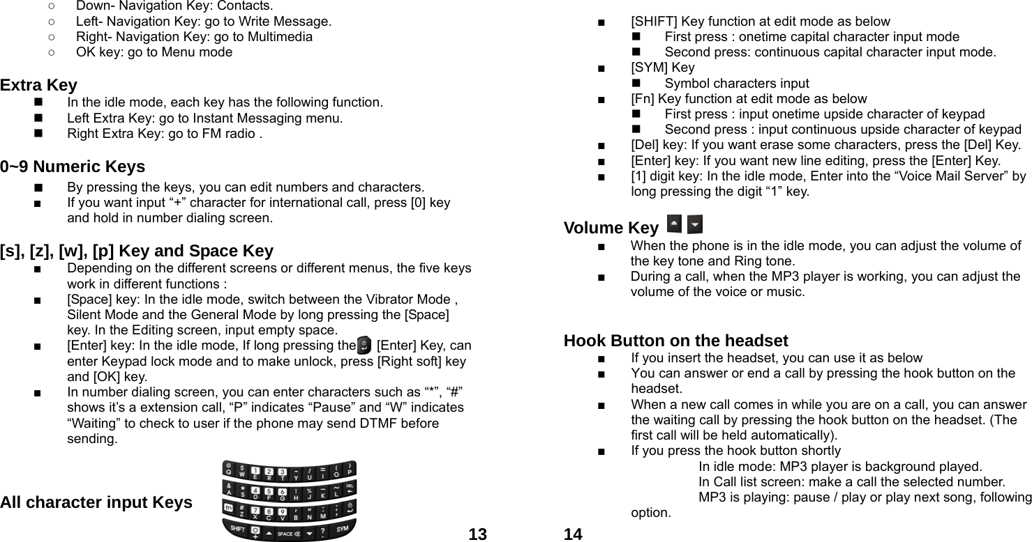  13○  Down- Navigation Key: Contacts.   ○  Left- Navigation Key: go to Write Message. ○  Right- Navigation Key: go to Multimedia ○  OK key: go to Menu mode  Extra Key       In the idle mode, each key has the following function.   Left Extra Key: go to Instant Messaging menu.   Right Extra Key: go to FM radio .  0~9 Numeric Keys         ■ By pressing the keys, you can edit numbers and characters.   ■  If you want input &ldquo;+&rdquo; character for international call, press [0] key and hold in number dialing screen.  [s], [z], [w], [p] Key and Space Key               ■  Depending on the different screens or different menus, the five keys work in different functions : ■  [Space] key: In the idle mode, switch between the Vibrator Mode , Silent Mode and the General Mode by long pressing the [Space] key. In the Editing screen, input empty space. ■  [Enter] key: In the idle mode, If long pressing the      [Enter] Key, can enter Keypad lock mode and to make unlock, press [Right soft] key and [OK] key.   ■  In number dialing screen, you can enter characters such as &ldquo;*&rdquo;, &ldquo;#&rdquo; shows it&rsquo;s a extension call, &ldquo;P&rdquo; indicates &ldquo;Pause&rdquo; and &ldquo;W&rdquo; indicates &ldquo;Waiting&rdquo; to check to user if the phone may send DTMF before sending.    All character input Keys    14 ■  [SHIFT] Key function at edit mode as below   First press : onetime capital character input mode   Second press: continuous capital character input mode. ■ [SYM] Key   Symbol characters input      ■  [Fn] Key function at edit mode as below   First press : input onetime upside character of keypad   Second press : input continuous upside character of keypad ■  [Del] key: If you want erase some characters, press the [Del] Key. ■  [Enter] key: If you want new line editing, press the [Enter] Key. ■  [1] digit key: In the idle mode, Enter into the &ldquo;Voice Mail Server&rdquo; by long pressing the digit &ldquo;1&rdquo; key.  Volume Key   ■  When the phone is in the idle mode, you can adjust the volume of the key tone and Ring tone. ■  During a call, when the MP3 player is working, you can adjust the volume of the voice or music.   Hook Button on the headset  ■  If you insert the headset, you can use it as below ■  You can answer or end a call by pressing the hook button on the headset. ■  When a new call comes in while you are on a call, you can answer the waiting call by pressing the hook button on the headset. (The first call will be held automatically). ■  If you press the hook button shortly                       In idle mode: MP3 player is background played.     In Call list screen: make a call the selected number.                     MP3 is playing: pause / play or play next song, following  option. 
