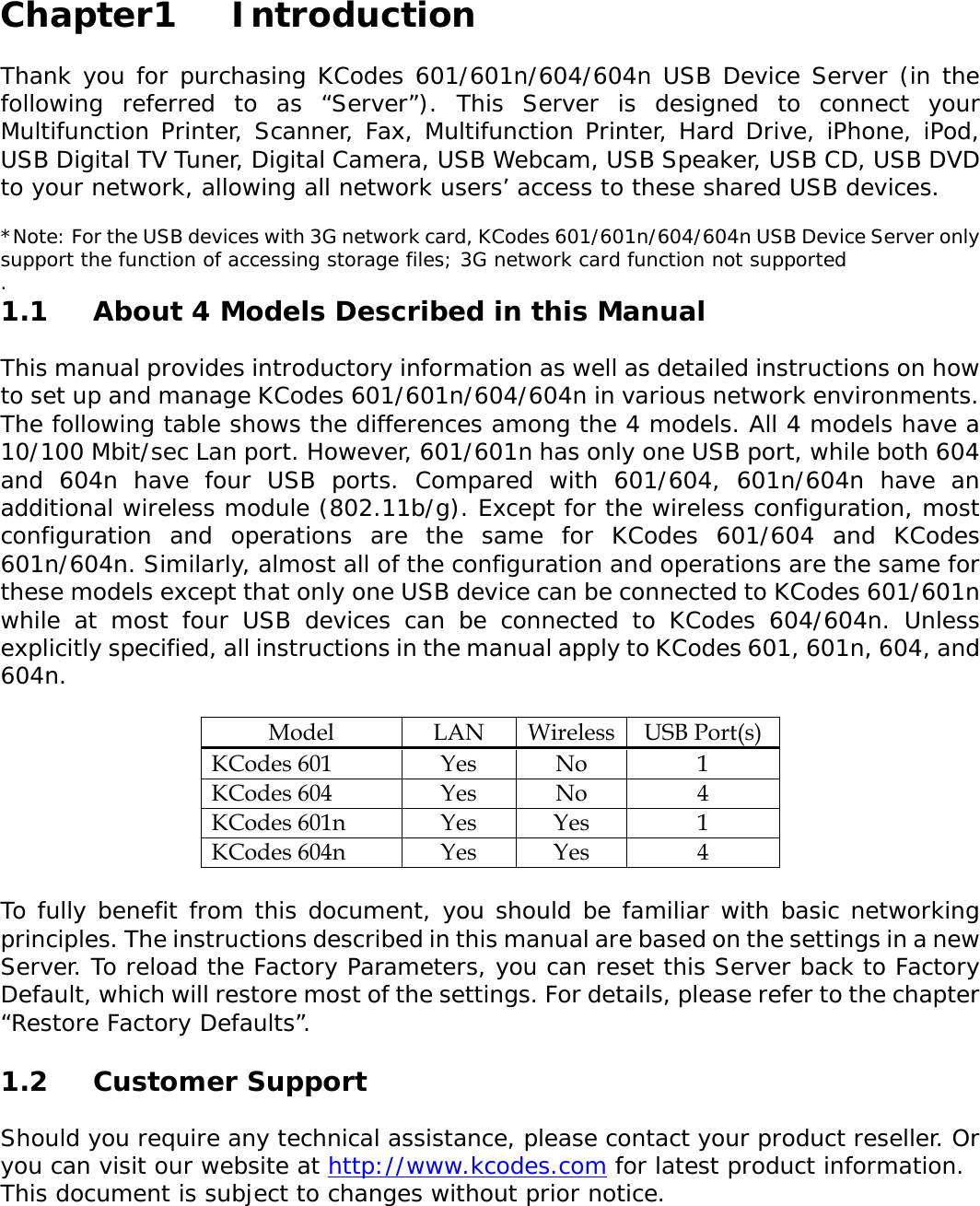 Chapter1   Introduction  Thank you for purchasing KCodes 601/601n/604/604n USB Device Server (in the following referred to as &ldquo;Server&rdquo;). This Server is designed to connect your Multifunction Printer, Scanner, Fax, Multifunction Printer, Hard Drive, iPhone, iPod, USB Digital TV Tuner, Digital Camera, USB Webcam, USB Speaker, USB CD, USB DVD to your network, allowing all network users&rsquo; access to these shared USB devices.  *Note: For the USB devices with 3G network card, KCodes 601/601n/604/604n USB Device Server only support the function of accessing storage files; 3G network card function not supported . 1.1  About 4 Models Described in this Manual  This manual provides introductory information as well as detailed instructions on how to set up and manage KCodes 601/601n/604/604n in various network environments. The following table shows the differences among the 4 models. All 4 models have a 10/100 Mbit/sec Lan port. However, 601/601n has only one USB port, while both 604 and 604n have four USB ports. Compared with 601/604, 601n/604n have an additional wireless module (802.11b/g). Except for the wireless configuration, most configuration and operations are the same for KCodes 601/604 and KCodes 601n/604n. Similarly, almost all of the configuration and operations are the same for these models except that only one USB device can be connected to KCodes 601/601n while at most four USB devices can be connected to KCodes 604/604n. Unless explicitly specified, all instructions in the manual apply to KCodes 601, 601n, 604, and 604n.  Model LAN Wireless USB Port(s) KCodes 601  Yes  No  1 KCodes 604  Yes  No  4 KCodes 601n  Yes  Yes  1 KCodes 604n  Yes  Yes  4  To fully benefit from this document, you should be familiar with basic networking principles. The instructions described in this manual are based on the settings in a new Server. To reload the Factory Parameters, you can reset this Server back to Factory Default, which will restore most of the settings. For details, please refer to the chapter &ldquo;Restore Factory Defaults&rdquo;.   1.2 Customer Support  Should you require any technical assistance, please contact your product reseller. Or you can visit our website at http://www.kcodes.com for latest product information.  This document is subject to changes without prior notice.  