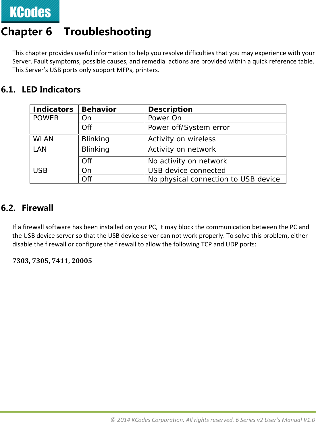 &copy;2014KCodesCorporation.Allrightsreserved.6Seriesv2User&rsquo;sManualV1.0Chapter6 TroubleshootingThischapterprovidesusefulinformationtohelpyouresolvedifficultiesthatyoumayexperiencewithyourServer.Faultsymptoms,possiblecauses,andremedialactionsareprovidedwithinaquickreferencetable.ThisServer&rsquo;sUSBportsonlysupportMFPs,printers.6.1. LEDIndicatorsIndicators Behavior  Description POWER On  Power On Off Power off/System error WLAN  Blinking  Activity on wireless LAN  Blinking  Activity on network Off  No activity on network USB On  USB device connected Off No physical connection to USB device 6.2. FirewallIfafirewallsoftwarehasbeeninstalledonyourPC,itmayblockthecommunicationbetweenthePCandtheUSBdeviceserversothattheUSBdeviceservercannotworkproperly.Tosolvethisproblem,eitherdisablethefirewallorconfigurethefirewalltoallowthefollowingTCPandUDPports:7303,7305,7411,20005
