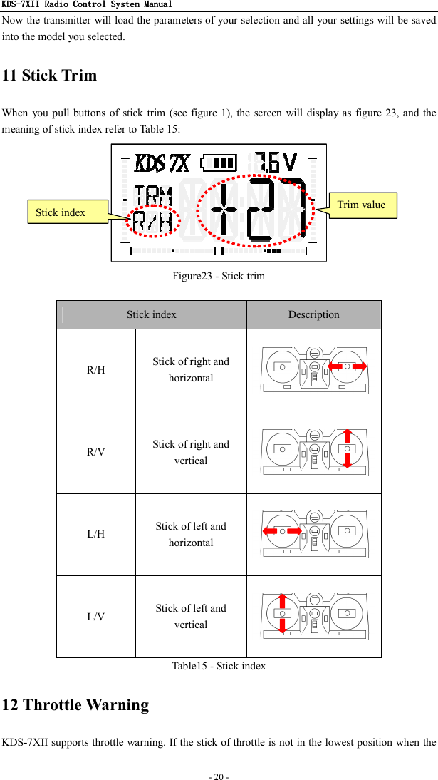 KDSKDSKDSKDS----7X7X7X7XIIIIIIII    Radio ControlRadio ControlRadio ControlRadio Control System Manual System Manual System Manual System Manual      - 20 -   Now the transmitter will load the parameters of your selection and all your settings will be saved into the model you selected. 11 Stick Trim When you  pull  buttons of stick  trim  (see figure 1), the screen will display  as  figure 23, and the meaning of stick index refer to Table 15:  Figure23 - Stick trim  Stick index  Description R/H  Stick of right and horizontal    R/V  Stick of right and vertical    L/H  Stick of left and horizontal    L/V  Stick of left and vertical    Table15 - Stick index 12 Throttle Warning KDS-7XII supports throttle warning. If the stick of throttle is not in the lowest position when the Stick index  Trim value 