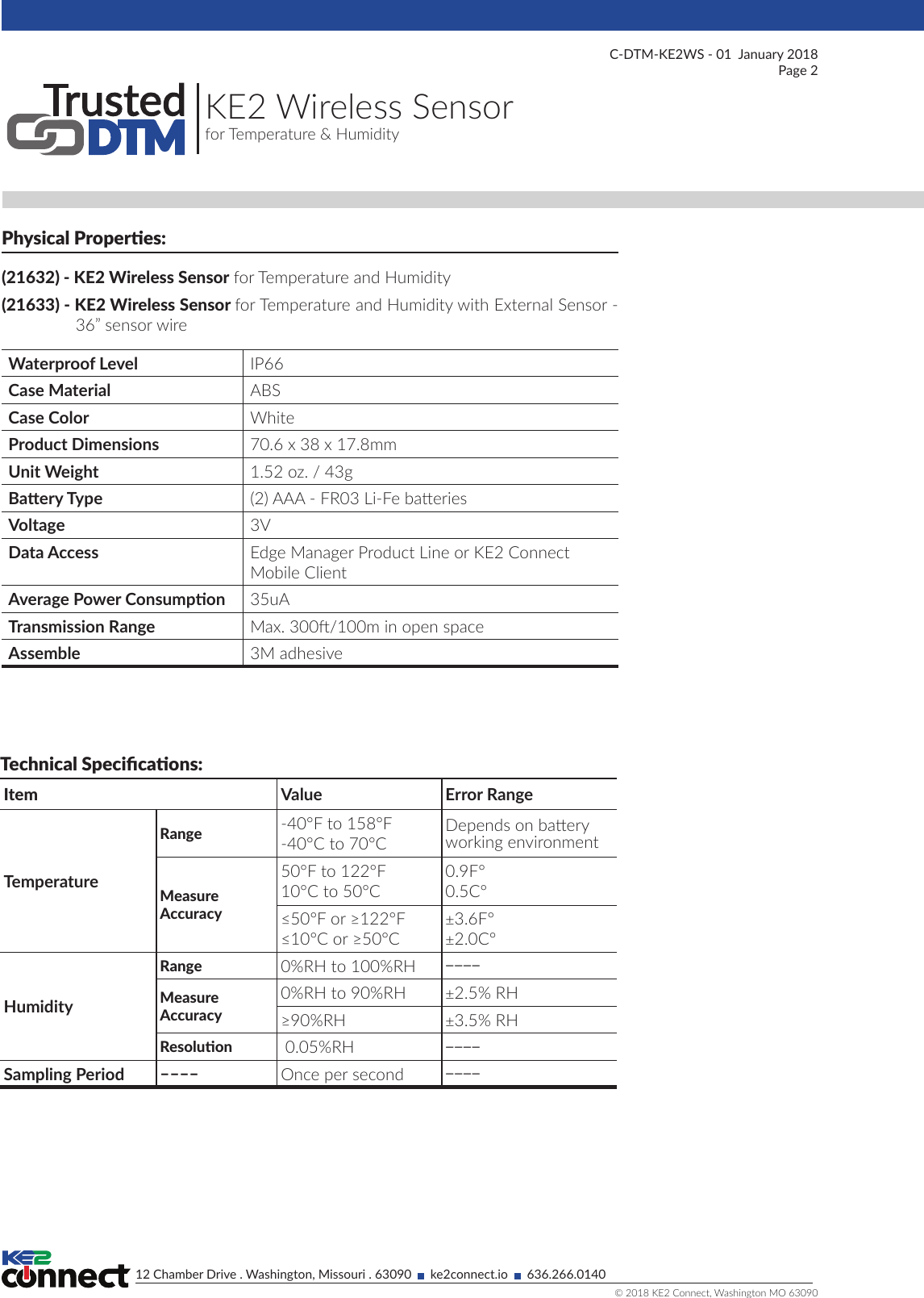 Page 2 of KE2 Connect 21633 KE2 Wireless Sensor w/External Sensor User Manual 