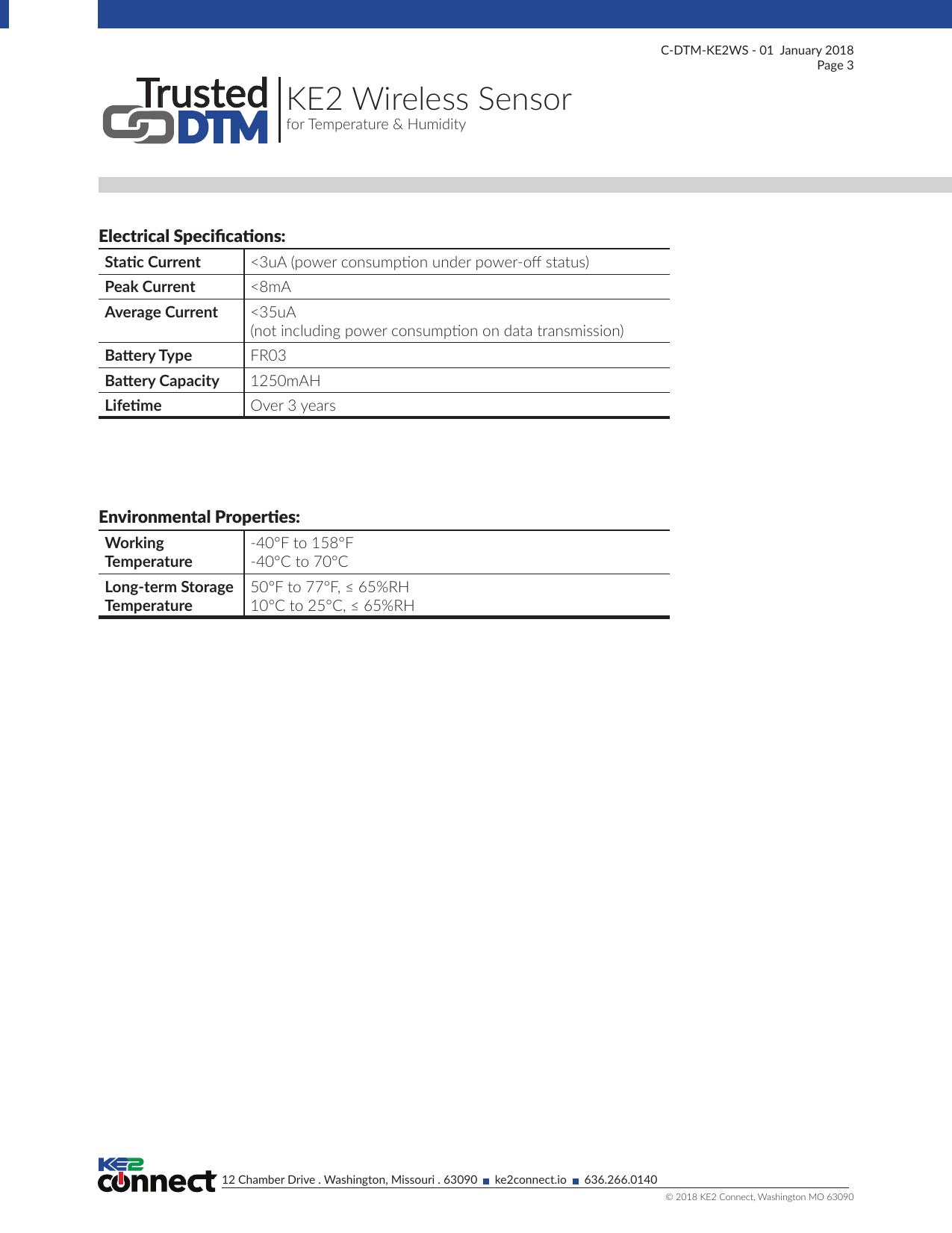 Page 3 of KE2 Connect 21633 KE2 Wireless Sensor w/External Sensor User Manual 