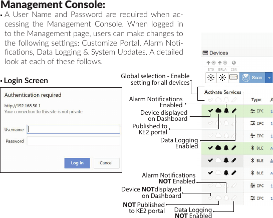 Management Console:  A User Name and Password are required when ac-cessing the Management Console. When logged in to the Management page, users can make changes to the following sengs: Customize Portal, Alarm No-caons, Data Logging &amp; System Updates. A detailed look at each of these follows. Login ScreenAccess KE2- EM35 (with valid subscription) from PortalData Logging NOT EnabledDevice NOTdisplayed on DashboardNOT Published to KE2 portalCustomize your portalAllow KE2 to manage/congure EM35 and all devices remotelyData logging setup Setup alarm noticationsSystem updatesAutomatically discover and display ONLY KE2 devicesAlarm Notications NOT EnabledData Logging EnabledDevice displayed on DashboardPublished to KE2 portalAlarm Notications EnabledGlobal selection - Enable setting for all devicesManagement Console will display all* of the KE2 devices connected to the Network directly or through the KE2-EM35s.*While theoretically unlim-ited, performance speed will vary based on the number of connections / devices. Tested to 50 devices with-out noticeable loss of speed