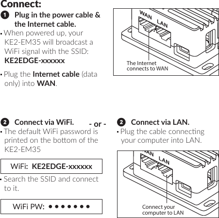 Connect:❶   Plug in the power cable &amp; the Internet cable. When powered up, your KE2-EM35 will broadcast a WiFi signal with the SSID: KE2EDGE-xxxxxx Plug the Internet cable (data only) into WAN.WANLANThe Internet connects to WAN❷   Connect via WiFi. The default WiFi password is printed on the boom of the KE2-EM35 - or - ❷   Connect via LAN. Plug the cable connecng your computer into LAN. WiFi:  KE2EDGE-xxxxxxWiFi PW:  � � � � � � � Search the SSID and connect to it.WANLANConnect your computer to LAN