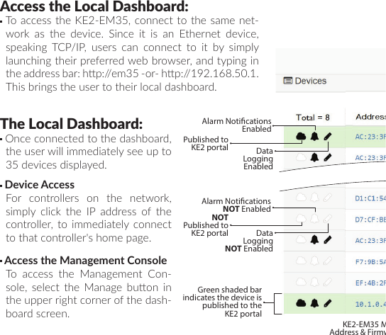 Data Logging EnabledDisplays active alarmsUp to 35 devices are automatically displayed on the dashboardPublished to KE2 portalData Logging NOT EnabledAlarm Notications NOT EnabledNOTPublished to KE2 portalDownload to CSV leAccess to Management Console, where setup changes are madeGreen shaded bar indicates the device is published to the KE2 portalKE2-EM35 Management Address &amp; Firmware VersionAlarm Notications EnabledWhen log button selected, user prompted for date range.Access the Local Dashboard: To access the KE2-EM35, connect to the same net-work  as  the  device.  Since  it  is  an  Ethernet  device, speaking TCP/IP, users can connect to it by simply launching their preferred web browser, and typing in the address bar: hp://em35 -or- hp://192.168.50.1. This brings the user to their local dashboard.The Local Dashboard: Once connected to the dashboard, the user will immediately see up to 35 devices displayed. Device Access For controllers on the network, simply click the IP address of the controller, to immediately connect to that controller&apos;s home page. Access the Management Console To access the Management Con-sole,  select  the  Manage  buon in the upper right corner of the dash-board screen.