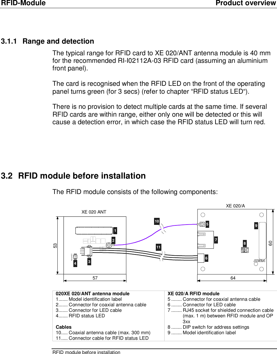 RFID-Module Product overview 3.1.1 Range and detection The typical range for RFID card to XE 020/ANT antenna module is 40 mm for the recommended RI-I02112A-03 RFID card (assuming an aluminium front panel).  The card is recognised when the RFID LED on the front of the operating panel turns green (for 3 secs) (refer to chapter &ldquo;RFID status LED&ldquo;).  There is no provision to detect multiple cards at the same time. If several RFID cards are within range, either only one will be detected or this will cause a detection error, in which case the RFID status LED will turn red.     3.2 RFID module before installation The RFID module consists of the following components:   LED-RT/GNN1O N1 2XE 020 ANTXE 020/A5357 646012345671110 98  020XE 020/ANT antenna module  1.......Model identification label 2.......Connector for coaxial antenna cable  3.......Connector for LED cable 4.......RFID status LED  Cables 10.....Coaxial antenna cable (max. 300 mm) 11.....Connector cable for RFID status LED XE 020/A RFID module 5........Connector for coaxial antenna cable 6........Connector for LED cable 7........RJ45 socket for shielded connection cable (max. 1 m) between RFID module and OP 3xx 8........DIP switch for address settings 9........Model identification label RFID module before installation  