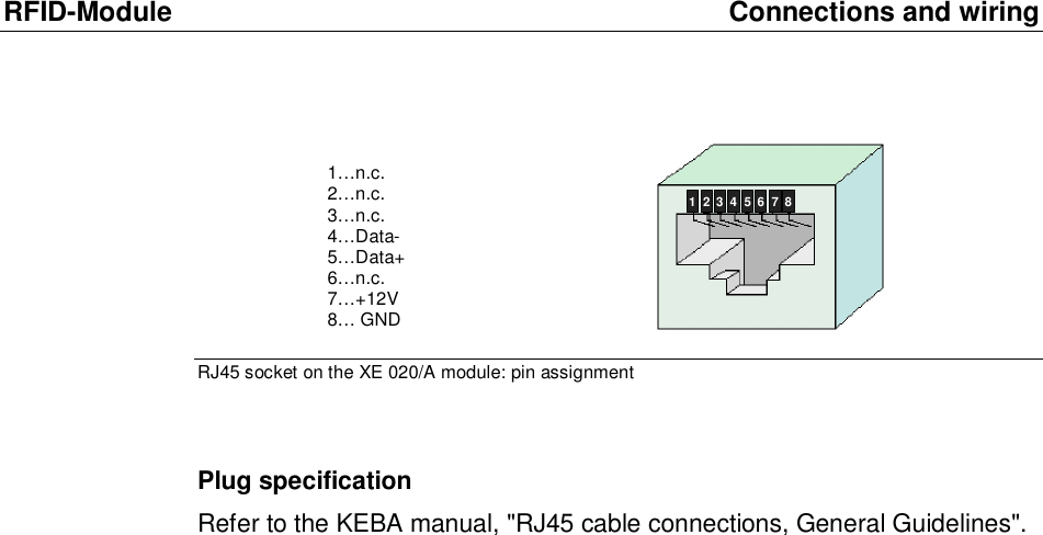RFID-Module Connections and wiring  1&hellip;n.c. 2&hellip;n.c. 3&hellip;n.c. 4&hellip;Data- 5&hellip;Data+  6&hellip;n.c. 7&hellip;+12V 8&hellip; GND              21 3 4 5 6 7 8 RJ45 socket on the XE 020/A module: pin assignment   Plug specification Refer to the KEBA manual, "RJ45 cable connections, General Guidelines".    