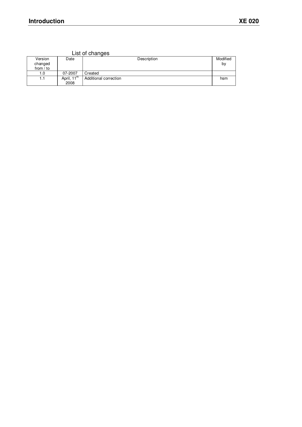 Introduction XE 020 List of changes Version changed from / to Date Description Modified by 1.0 07-2007 Created  1.1 April, 11th 2008  Additional correction hsm  