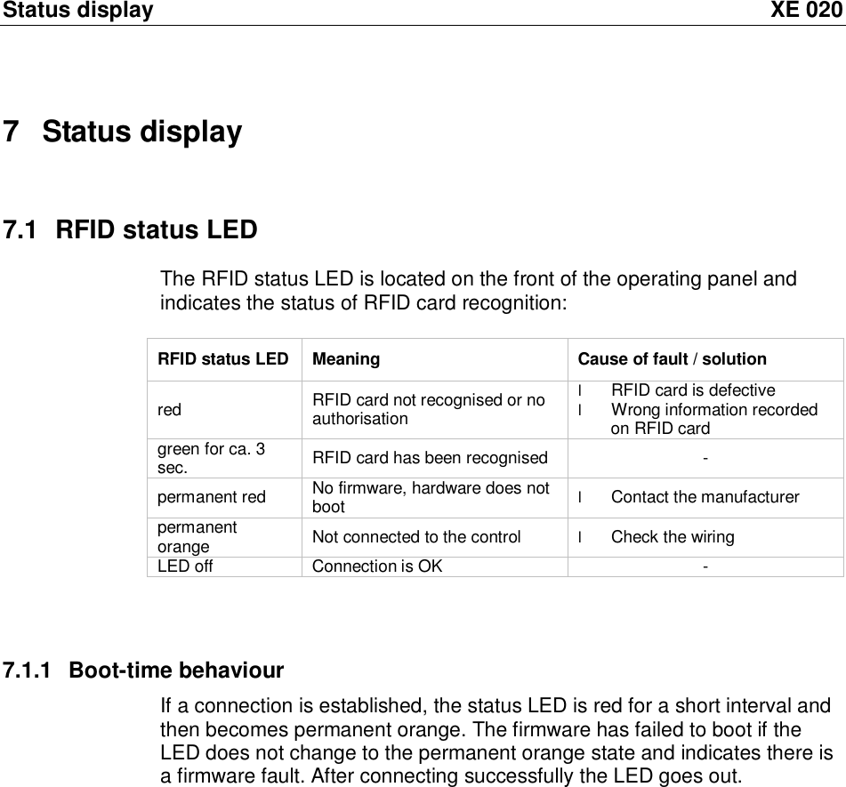 Status display XE 020 7 Status display 7.1 RFID status LED  The RFID status LED is located on the front of the operating panel and indicates the status of RFID card recognition:   RFID status LED Meaning Cause of fault / solution red  RFID card not recognised or no authorisation l RFID card is defective l Wrong information recorded on RFID card green for ca. 3 sec.  RFID card has been recognised - permanent red  No firmware, hardware does not boot  l Contact the manufacturer permanent orange  Not connected to the control  l Check the wiring LED off Connection is OK -   7.1.1 Boot-time behaviour If a connection is established, the status LED is red for a short interval and then becomes permanent orange. The firmware has failed to boot if the LED does not change to the permanent orange state and indicates there is a firmware fault. After connecting successfully the LED goes out.    