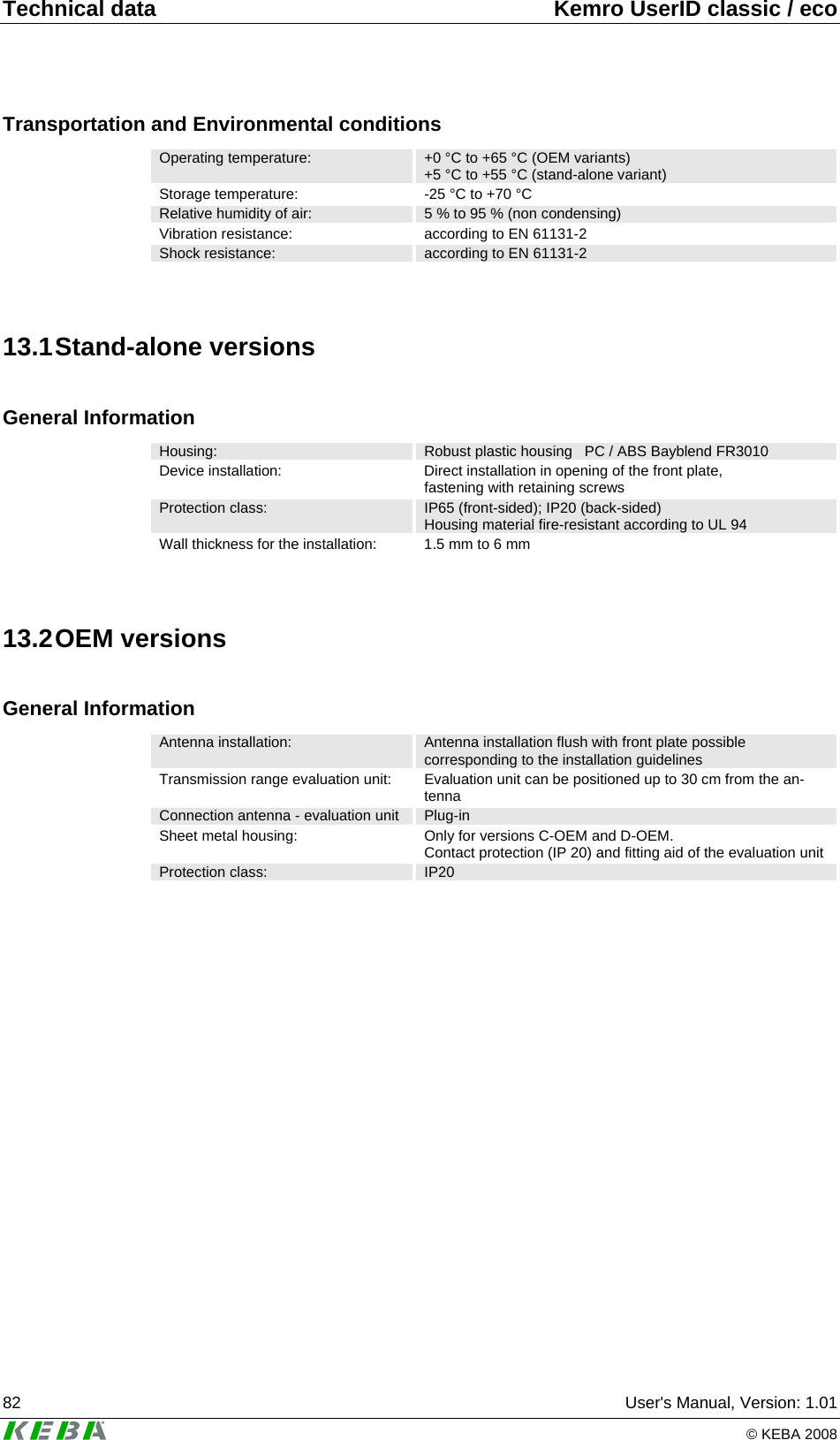 Technical data  Kemro UserID classic / eco 82  User's Manual, Version: 1.01   &copy; KEBA 2008 Transportation and Environmental conditions Operating temperature:  +0 &deg;C to +65 &deg;C (OEM variants) +5 &deg;C to +55 &deg;C (stand-alone variant) Storage temperature:  -25 &deg;C to +70 &deg;C Relative humidity of air:  5 % to 95 % (non condensing) Vibration resistance:  according to EN 61131-2 Shock resistance:  according to EN 61131-2  13.1 Stand-alone  versions General Information Housing:  Robust plastic housing   PC / ABS Bayblend FR3010 Device installation:  Direct installation in opening of the front plate, fastening with retaining screws Protection class:  IP65 (front-sided); IP20 (back-sided) Housing material fire-resistant according to UL 94 Wall thickness for the installation:  1.5 mm to 6 mm  13.2 OEM  versions General Information Antenna installation:  Antenna installation flush with front plate possible corresponding to the installation guidelines Transmission range evaluation unit:  Evaluation unit can be positioned up to 30 cm from the an-tenna Connection antenna - evaluation unit  Plug-in Sheet metal housing:  Only for versions C-OEM and D-OEM. Contact protection (IP 20) and fitting aid of the evaluation unit Protection class:  IP20   