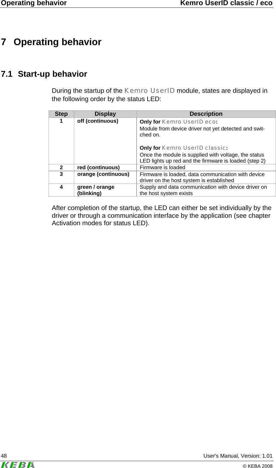 Operating behavior  Kemro UserID classic / eco 48  User's Manual, Version: 1.01   &copy; KEBA 2008 7 Operating behavior 7.1 Start-up behavior During the startup of the Kemro UserID module, states are displayed in the following order by the status LED:   Step  Display  Description 1 off (continuous)  Only for Kemro UserID eco: Module from device driver not yet detected and swit-ched on.  Only for Kemro UserID classic: Once the module is supplied with voltage, the status LED lights up red and the firmware is loaded (step 2) 2 red (continuous)  Firmware is loaded 3 orange (continuous) Firmware is loaded, data communication with device driver on the host system is established 4  green / orange (blinking)  Supply and data communication with device driver on the host system exists  After completion of the startup, the LED can either be set individually by the driver or through a communication interface by the application (see chapter Activation modes for status LED).  