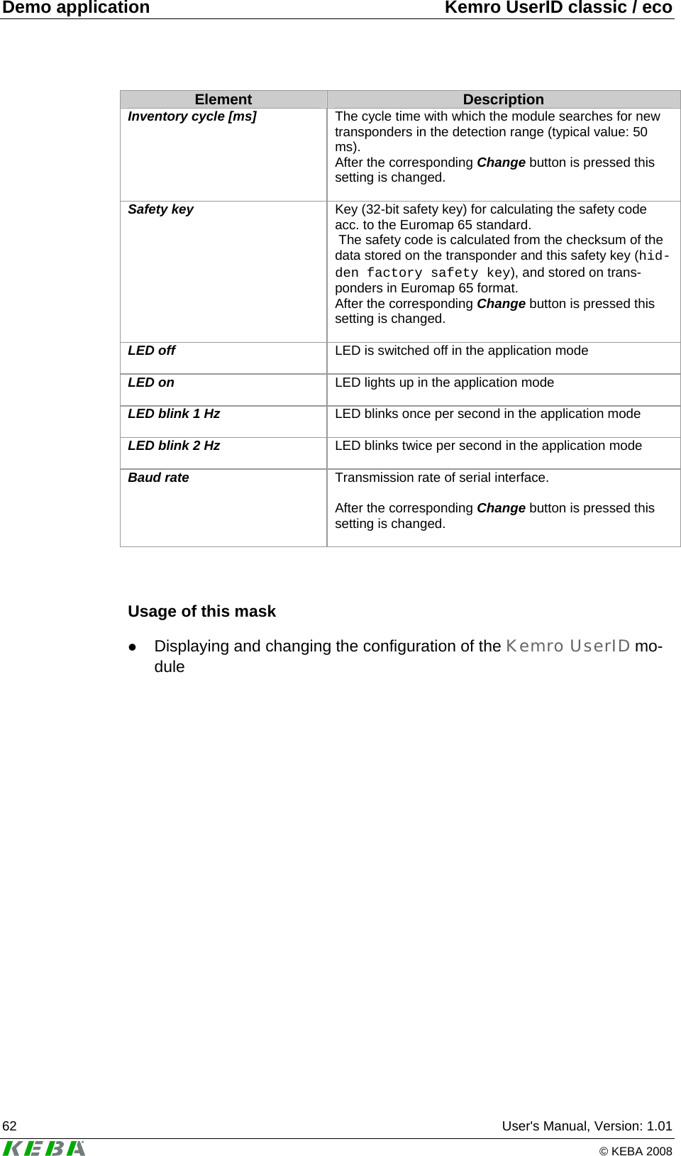 Demo application  Kemro UserID classic / eco 62  User's Manual, Version: 1.01   &copy; KEBA 2008 Element  Description Inventory cycle [ms]  The cycle time with which the module searches for new transponders in the detection range (typical value: 50 ms).  After the corresponding Change button is pressed this setting is changed.  Safety key  Key (32-bit safety key) for calculating the safety code acc. to the Euromap 65 standard.   The safety code is calculated from the checksum of the data stored on the transponder and this safety key (hid-den factory safety key), and stored on trans-ponders in Euromap 65 format.  After the corresponding Change button is pressed this setting is changed.  LED off  LED is switched off in the application mode  LED on  LED lights up in the application mode  LED blink 1 Hz  LED blinks once per second in the application mode  LED blink 2 Hz  LED blinks twice per second in the application mode  Baud rate  Transmission rate of serial interface.  After the corresponding Change button is pressed this setting is changed.    Usage of this mask z Displaying and changing the configuration of the Kemro UserID mo-dule   