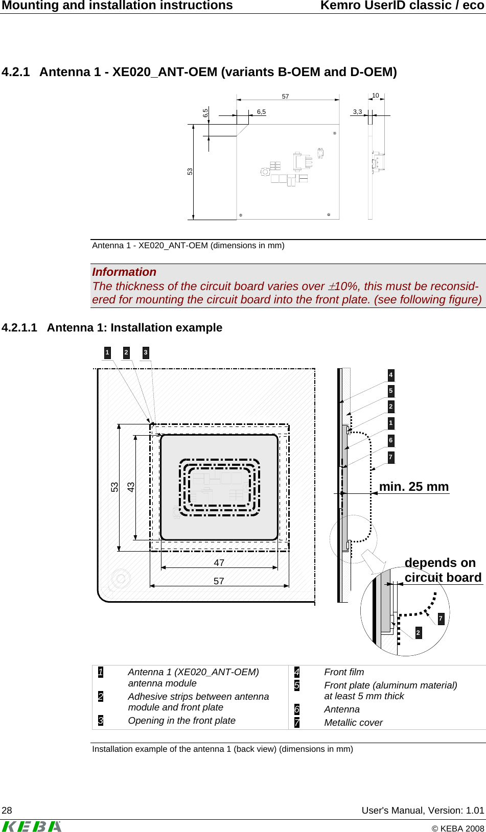 Mounting and installation instructions  Kemro UserID classic / eco 28  User's Manual, Version: 1.01   &copy; KEBA 2008 4.2.1  Antenna 1 - XE020_ANT-OEM (variants B-OEM and D-OEM)  57536,56,5103,3 Antenna 1 - XE020_ANT-OEM (dimensions in mm) Information The thickness of the circuit board varies over &plusmn;10%, this must be reconsid-ered for mounting the circuit board into the front plate. (see following figure) 4.2.1.1  Antenna 1: Installation example 5678921 3452167727min. 25 mmdepends oncircuit board57434753 1  Antenna 1 (XE020_ANT-OEM) antenna module 2  Adhesive strips between antenna module and front plate 3  Opening in the front plate 4 Front film 5  Front plate (aluminum material) at least 5 mm thick 6 Antenna 7 Metallic cover Installation example of the antenna 1 (back view) (dimensions in mm) 