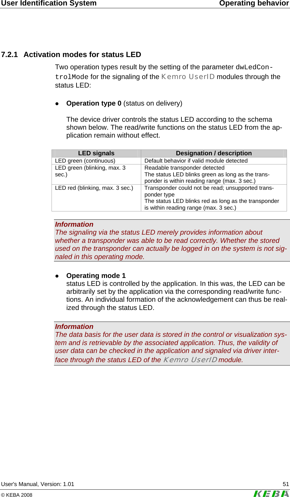 User Identification System Operating behavior User's Manual, Version: 1.01  51 &copy; KEBA 2008   7.2.1 Activation modes for status LED Two operation types result by the setting of the parameter dwLedCon-trolMode for the signaling of the Kemro UserID modules through the status LED:   z Operation type 0 (status on delivery)   The device driver controls the status LED according to the schema shown below. The read/write functions on the status LED from the ap-plication remain without effect.   LED signals  Designation / description LED green (continuous)  Default behavior if valid module detected LED green (blinking, max. 3 sec.)  Readable transponder detected The status LED blinks green as long as the trans-ponder is within reading range (max. 3 sec.) LED red (blinking, max. 3 sec.)  Transponder could not be read; unsupported trans-ponder type The status LED blinks red as long as the transponder is within reading range (max. 3 sec.)  Information The signaling via the status LED merely provides information about whether a transponder was able to be read correctly. Whether the stored used on the transponder can actually be logged in on the system is not sig-naled in this operating mode.   z Operating mode 1 status LED is controlled by the application. In this was, the LED can be arbitrarily set by the application via the corresponding read/write func-tions. An individual formation of the acknowledgement can thus be real-ized through the status LED.  Information The data basis for the user data is stored in the control or visualization sys-tem and is retrievable by the associated application. Thus, the validity of user data can be checked in the application and signaled via driver inter-face through the status LED of the Kemro UserID module.  