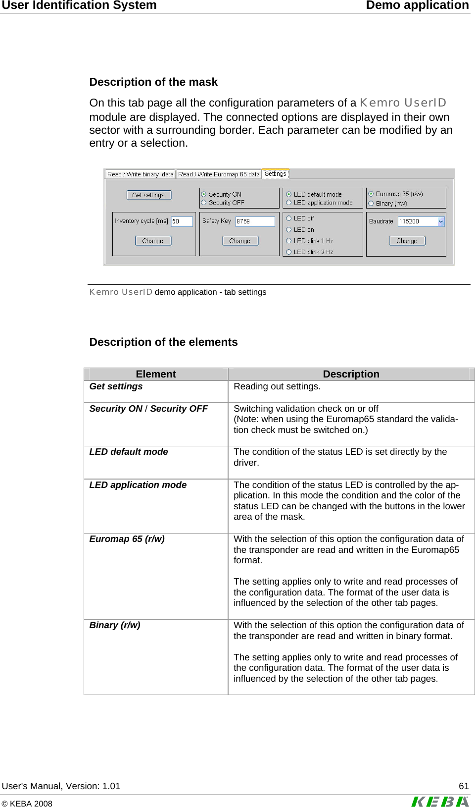 User Identification System  Demo application User's Manual, Version: 1.01  61 &copy; KEBA 2008   Description of the mask On this tab page all the configuration parameters of a Kemro UserID module are displayed. The connected options are displayed in their own sector with a surrounding border. Each parameter can be modified by an entry or a selection.   Kemro UserID demo application - tab settings  Description of the elements  Element  Description Get settings  Reading out settings.  Security ON / Security OFF  Switching validation check on or off  (Note: when using the Euromap65 standard the valida-tion check must be switched on.)  LED default mode  The condition of the status LED is set directly by the driver.  LED application mode  The condition of the status LED is controlled by the ap-plication. In this mode the condition and the color of the status LED can be changed with the buttons in the lower area of the mask.  Euromap 65 (r/w)  With the selection of this option the configuration data of the transponder are read and written in the Euromap65 format.   The setting applies only to write and read processes of the configuration data. The format of the user data is influenced by the selection of the other tab pages.  Binary (r/w)  With the selection of this option the configuration data of the transponder are read and written in binary format.   The setting applies only to write and read processes of the configuration data. The format of the user data is influenced by the selection of the other tab pages.  