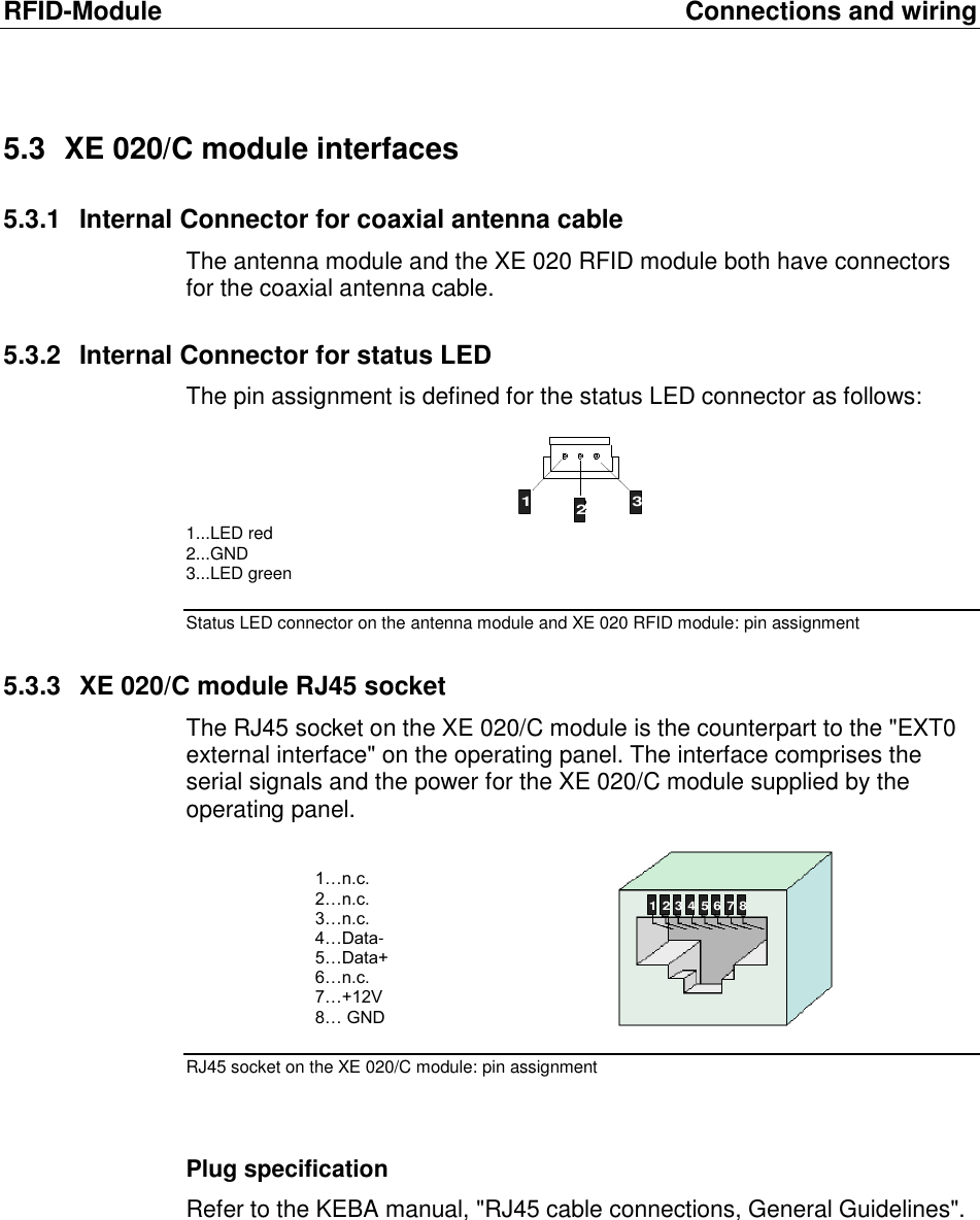 RFID-Module  Connections and wiring 5.3  XE 020/C module interfaces 5.3.1  Internal Connector for coaxial antenna cable The antenna module and the XE 020 RFID module both have connectors for the coaxial antenna cable. 5.3.2  Internal Connector for status LED The pin assignment is defined for the status LED connector as follows:    1...LED red 2...GND 3...LED green Status LED connector on the antenna module and XE 020 RFID module: pin assignment 5.3.3  XE 020/C module RJ45 socket The RJ45 socket on the XE 020/C module is the counterpart to the "EXT0 external interface" on the operating panel. The interface comprises the serial signals and the power for the XE 020/C module supplied by the operating panel.   1&hellip;n.c. 2&hellip;n.c. 3&hellip;n.c. 4&hellip;Data- 5&hellip;Data+  6&hellip;n.c. 7&hellip;+12V 8&hellip; GND               RJ45 socket on the XE 020/C module: pin assignment   Plug specification Refer to the KEBA manual, "RJ45 cable connections, General Guidelines".    123 12321 3 4 5 6 7 8