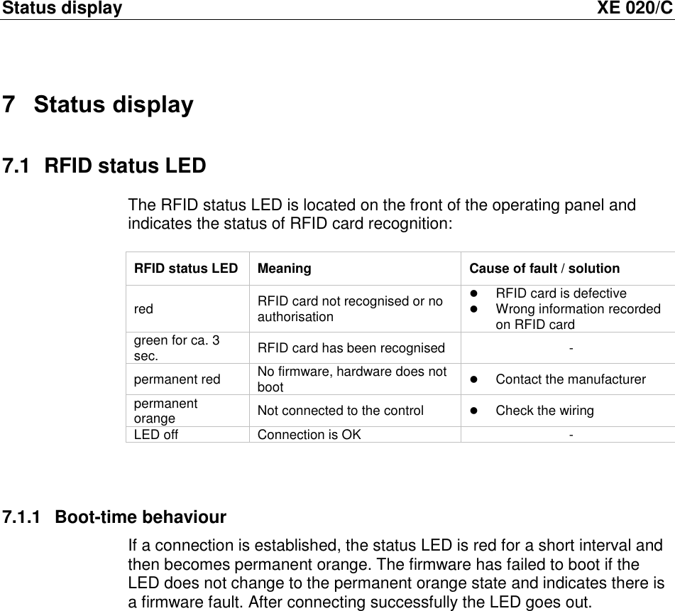 Status display  XE 020/C 7  Status display 7.1  RFID status LED  The RFID status LED is located on the front of the operating panel and indicates the status of RFID card recognition:   RFID status LED Meaning Cause of fault / solution red RFID card not recognised or no authorisation  RFID card is defective  Wrong information recorded on RFID card green for ca. 3 sec. RFID card has been recognised - permanent red No firmware, hardware does not boot  Contact the manufacturer permanent orange Not connected to the control  Check the wiring LED off Connection is OK -   7.1.1  Boot-time behaviour If a connection is established, the status LED is red for a short interval and then becomes permanent orange. The firmware has failed to boot if the LED does not change to the permanent orange state and indicates there is a firmware fault. After connecting successfully the LED goes out.    