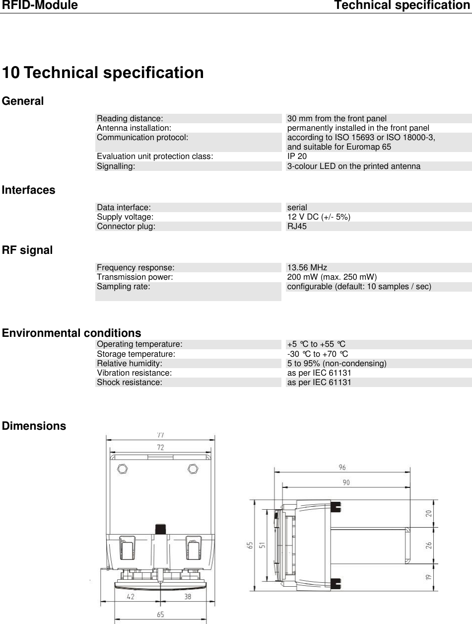 RFID-Module  Technical specification 10 Technical specification General Reading distance: 30 mm from the front panel Antenna installation: permanently installed in the front panel Communication protocol:  according to ISO 15693 or ISO 18000-3, and suitable for Euromap 65 Evaluation unit protection class: IP 20 Signalling: 3-colour LED on the printed antenna Interfaces Data interface: serial Supply voltage: 12 V DC (+/- 5%) Connector plug: RJ45 RF signal Frequency response: 13.56 MHz Transmission power: 200 mW (max. 250 mW) Sampling rate:  configurable (default: 10 samples / sec)  Environmental conditions Operating temperature: +5 &deg;C to +55 &deg;C Storage temperature: -30 &deg;C to +70 &deg;C Relative humidity: 5 to 95% (non-condensing) Vibration resistance: as per IEC 61131 Shock resistance: as per IEC 61131   Dimensions  