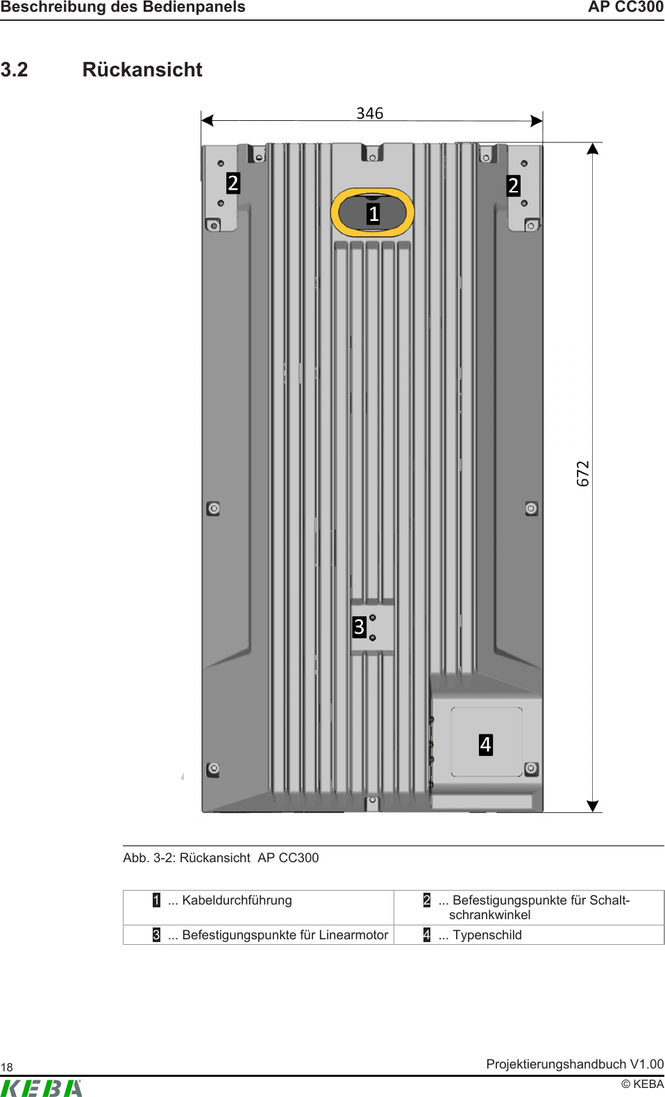 Intern - nicht freigegebenInternal - not releasedAP CC300Beschreibung des BedienpanelsProjektierungshandbuch V1.0018&copy; KEBA3.2 R&uuml;ckansichtAbb.3-2: R&uuml;ckansicht  AP CC3001 ... Kabeldurchf&uuml;hrung 2 ... Befestigungspunkte f&uuml;r Schalt-schrankwinkel3 ... Befestigungspunkte f&uuml;r Linearmotor 4 ... Typenschild