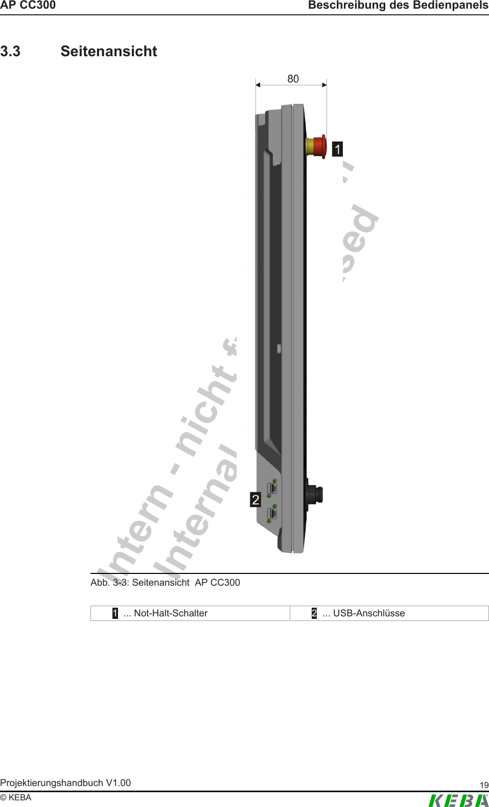 Intern - nicht freigegebenInternal - not releasedAP CC300 Beschreibung des BedienpanelsProjektierungshandbuch V1.00 19&copy; KEBA3.3 SeitenansichtAbb.3-3: Seitenansicht  AP CC3001 ... Not-Halt-Schalter 2 ... USB-Anschl&uuml;sse