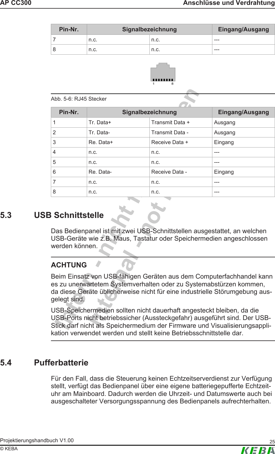 Intern - nicht freigegebenInternal - not releasedAP CC300 Anschl&uuml;sse und VerdrahtungProjektierungshandbuch V1.00 25&copy; KEBAPin-Nr. Signalbezeichnung Eingang/Ausgang7 n.c. n.c. ---8 n.c. n.c. ---Abb.5-6: RJ45 SteckerPin-Nr. Signalbezeichnung Eingang/Ausgang1 Tr. Data+ Transmit Data + Ausgang2 Tr. Data- Transmit Data - Ausgang3 Re. Data+ Receive Data + Eingang4 n.c. n.c. ---5 n.c. n.c. ---6 Re. Data- Receive Data - Eingang7 n.c. n.c. ---8 n.c. n.c. ---5.3 USB SchnittstelleDas Bedienpanel ist mit zwei USB-Schnittstellen ausgestattet, an welchenUSB-Ger&auml;te wie z.B. Maus, Tastatur oder Speichermedien angeschlossenwerden k&ouml;nnen.ACHTUNGBeim Einsatz von USB-f&auml;higen Ger&auml;ten aus dem Computerfachhandel kannes zu unerwartetem Systemverhalten oder zu Systemabst&uuml;rzen kommen,da diese Ger&auml;te &uuml;blicherweise nicht f&uuml;r eine industrielle St&ouml;rumgebung aus-gelegt sind.USB-Speichermedien sollten nicht dauerhaft angesteckt bleiben, da dieUSB-Ports nicht betriebssicher (Aussteckgefahr) ausgef&uuml;hrt sind. Der USB-Stick darf nicht als Speichermedium der Firmware und Visualisierungsappli-kation verwendet werden und stellt keine Betriebsschnittstelle dar.5.4 PufferbatterieF&uuml;r den Fall, dass die Steuerung keinen Echtzeitserverdienst zur Verf&uuml;gungstellt, verf&uuml;gt das Bedienpanel &uuml;ber eine eigene batteriegepufferte Echtzeit-uhr am Mainboard. Dadurch werden die Uhrzeit- und Datumswerte auch beiausgeschalteter Versorgungsspannung des Bedienpanels aufrechterhalten.