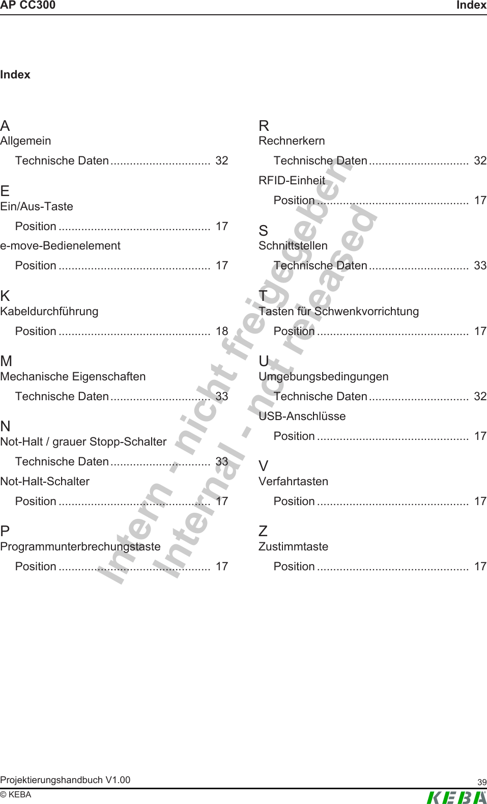Intern - nicht freigegebenInternal - not releasedAP CC300 IndexProjektierungshandbuch V1.00 39&copy; KEBAIndexAAllgemeinTechnische Daten...............................32EEin/Aus-TastePosition ...............................................17e-move-BedienelementPosition ...............................................17KKabeldurchf&uuml;hrungPosition ...............................................18MMechanische EigenschaftenTechnische Daten...............................33NNot-Halt / grauer Stopp-SchalterTechnische Daten...............................33Not-Halt-SchalterPosition ...............................................17PProgrammunterbrechungstastePosition ...............................................17RRechnerkernTechnische Daten...............................32RFID-EinheitPosition ...............................................17SSchnittstellenTechnische Daten...............................33TTasten f&uuml;r SchwenkvorrichtungPosition ...............................................17UUmgebungsbedingungenTechnische Daten...............................32USB-Anschl&uuml;ssePosition ...............................................17VVerfahrtastenPosition ...............................................17ZZustimmtastePosition ...............................................17