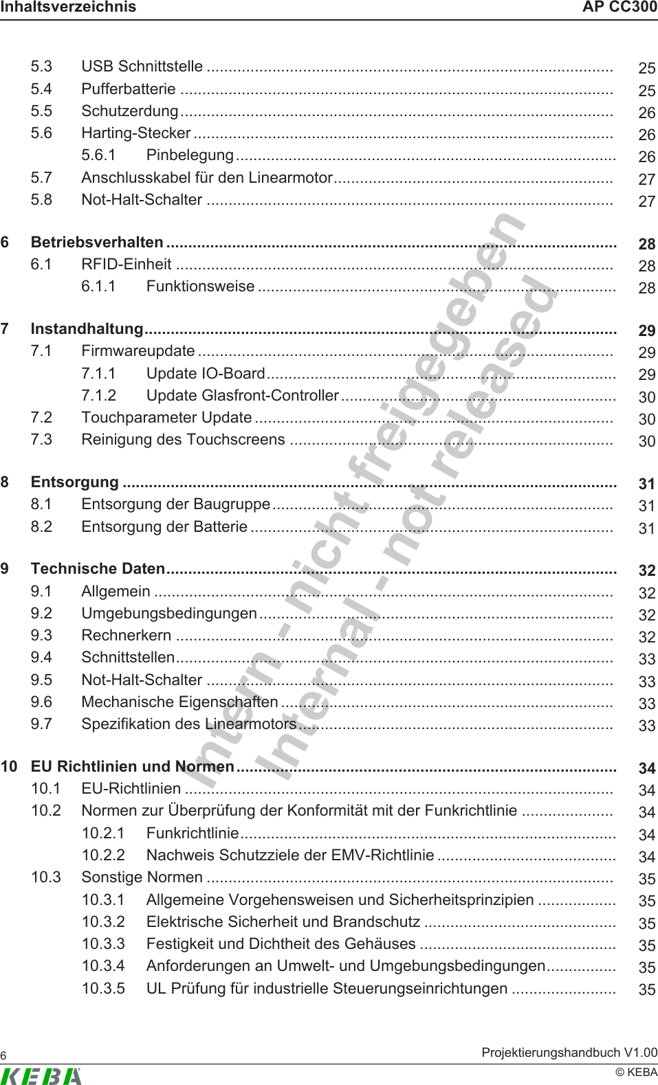 Intern - nicht freigegebenInternal - not releasedAP CC300InhaltsverzeichnisProjektierungshandbuch V1.006&copy; KEBA5.3 USB Schnittstelle ............................................................................................. 255.4 Pufferbatterie ................................................................................................... 255.5 Schutzerdung................................................................................................... 265.6 Harting-Stecker ................................................................................................ 265.6.1 Pinbelegung....................................................................................... 265.7 Anschlusskabel f&uuml;r den Linearmotor................................................................ 275.8 Not-Halt-Schalter ............................................................................................. 276 Betriebsverhalten ....................................................................................................... 286.1 RFID-Einheit .................................................................................................... 286.1.1 Funktionsweise .................................................................................. 287 Instandhaltung............................................................................................................ 297.1 Firmwareupdate ............................................................................................... 297.1.1 Update IO-Board................................................................................ 297.1.2 Update Glasfront-Controller............................................................... 307.2 Touchparameter Update .................................................................................. 307.3 Reinigung des Touchscreens .......................................................................... 308 Entsorgung ................................................................................................................. 318.1 Entsorgung der Baugruppe.............................................................................. 318.2 Entsorgung der Batterie ................................................................................... 319 Technische Daten....................................................................................................... 329.1 Allgemein ......................................................................................................... 329.2 Umgebungsbedingungen................................................................................. 329.3 Rechnerkern .................................................................................................... 329.4 Schnittstellen.................................................................................................... 339.5 Not-Halt-Schalter ............................................................................................. 339.6 Mechanische Eigenschaften ............................................................................ 339.7 Spezifikation des Linearmotors........................................................................ 3310 EU Richtlinien und Normen....................................................................................... 3410.1 EU-Richtlinien .................................................................................................. 3410.2 Normen zur &Uuml;berpr&uuml;fung der Konformit&auml;t mit der Funkrichtlinie ..................... 3410.2.1 Funkrichtlinie...................................................................................... 3410.2.2 Nachweis Schutzziele der EMV-Richtlinie ......................................... 3410.3 Sonstige Normen ............................................................................................. 3510.3.1 Allgemeine Vorgehensweisen und Sicherheitsprinzipien .................. 3510.3.2 Elektrische Sicherheit und Brandschutz ............................................ 3510.3.3 Festigkeit und Dichtheit des Geh&auml;uses ............................................. 3510.3.4 Anforderungen an Umwelt- und Umgebungsbedingungen................ 3510.3.5 UL Pr&uuml;fung f&uuml;r industrielle Steuerungseinrichtungen ........................ 35