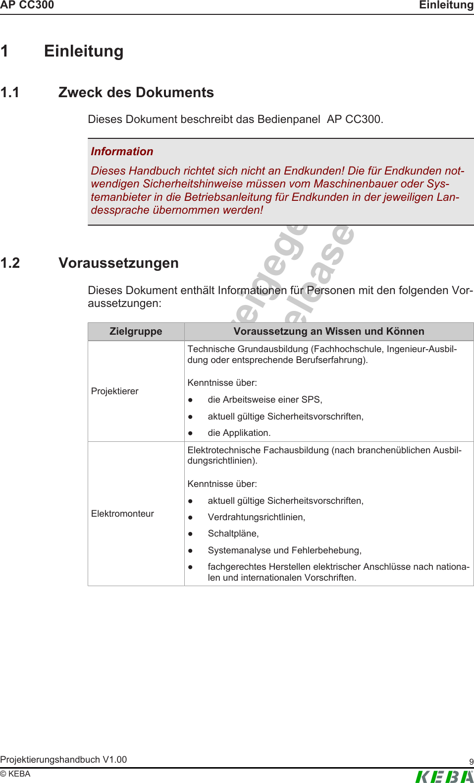 Intern - nicht freigegebenInternal - not releasedAP CC300 EinleitungProjektierungshandbuch V1.00 9&copy; KEBA1 Einleitung1.1 Zweck des DokumentsDieses Dokument beschreibt das Bedienpanel  AP CC300.InformationDieses Handbuch richtet sich nicht an Endkunden! Die f&uuml;r Endkunden not-wendigen Sicherheitshinweise m&uuml;ssen vom Maschinenbauer oder Sys-temanbieter in die Betriebsanleitung f&uuml;r Endkunden in der jeweiligen Lan-dessprache &uuml;bernommen werden!1.2 VoraussetzungenDieses Dokument enth&auml;lt Informationen f&uuml;r Personen mit den folgenden Vor-aussetzungen:Zielgruppe Voraussetzung an Wissen und K&ouml;nnenProjektiererTechnische Grundausbildung (Fachhochschule, Ingenieur-Ausbil-dung oder entsprechende Berufserfahrung).Kenntnisse &uuml;ber:● die Arbeitsweise einer SPS,● aktuell g&uuml;ltige Sicherheitsvorschriften,● die Applikation.ElektromonteurElektrotechnische Fachausbildung (nach branchen&uuml;blichen Ausbil-dungsrichtlinien).Kenntnisse &uuml;ber:● aktuell g&uuml;ltige Sicherheitsvorschriften,● Verdrahtungsrichtlinien,● Schaltpl&auml;ne,● Systemanalyse und Fehlerbehebung,● fachgerechtes Herstellen elektrischer Anschl&uuml;sse nach nationa-len und internationalen Vorschriften.