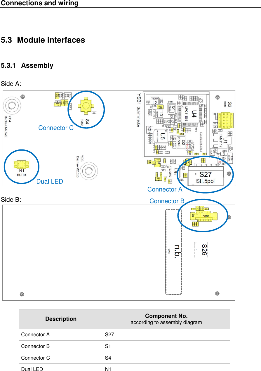 Connections and wiring   5.3  Module interfaces 5.3.1  Assembly  Side A:    Side B:   Description   Component No.  according to assembly diagram Connector A  S27 Connector B  S1 Connector C  S4 Dual LED  N1  Connector A Connector B Connector C Dual LED 