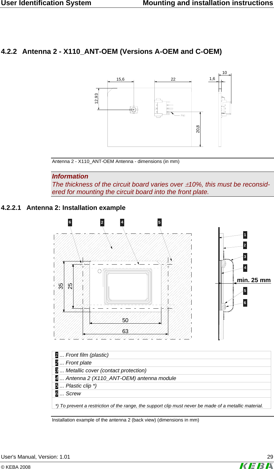 User Identification System  Mounting and installation instructions User&apos;s Manual, Version: 1.01  29 © KEBA 2008   4.2.2  Antenna 2 - X110_ANT-OEM (Versions A-OEM and C-OEM)  12,932215,620,81,610 Antenna 2 - X110_ANT-OEM Antenna - dimensions (in mm) Information The thickness of the circuit board varies over ±10%, this must be reconsid-ered for mounting the circuit board into the front plate. 4.2.2.1  Antenna 2: Installation example 123456min. 25 mm245663255035  1 ... Front film (plastic) 2 ... Front plate 3 ... Metallic cover (contact protection) 4 ... Antenna 2 (X110_ANT-OEM) antenna module 5 ... Plastic clip *) 6 ... Screw  *) To prevent a restriction of the range, the support clip must never be made of a metallic material.  Installation example of the antenna 2 (back view) (dimensions in mm) 