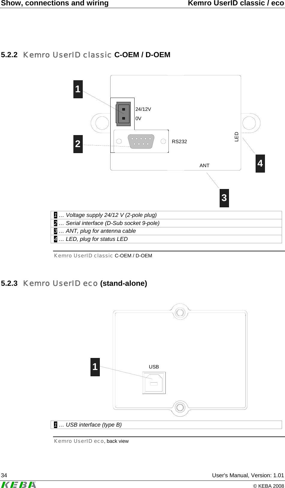 Show, connections and wiring  Kemro UserID classic / eco 34  User&apos;s Manual, Version: 1.01   © KEBA 2008 5.2.2  Kemro UserID classic C-OEM / D-OEM  24/12V0VRS232ANTLED1234 1 … Voltage supply 24/12 V (2-pole plug) 2 … Serial interface (D-Sub socket 9-pole) 3 … ANT, plug for antenna cable 4 … LED, plug for status LED Kemro UserID classic C-OEM / D-OEM 5.2.3  Kemro UserID eco (stand-alone)  USB1 1 … USB interface (type B) Kemro UserID eco, back view 