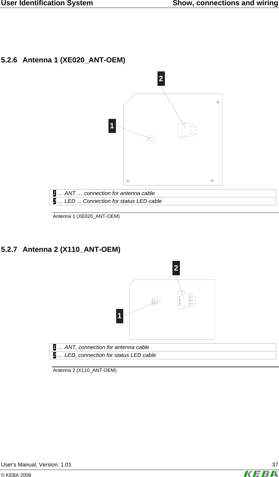 User Identification System  Show, connections and wiring User&apos;s Manual, Version: 1.01  37 © KEBA 2008    5.2.6  Antenna 1 (XE020_ANT-OEM) 12 1 … ANT … connection for antenna cable 2 … LED ... Connection for status LED cable Antenna 1 (XE020_ANT-OEM)   5.2.7  Antenna 2 (X110_ANT-OEM) 12 1 … ANT, connection for antenna cable 2 … LED, connection for status LED cable Antenna 2 (X110_ANT-OEM)   