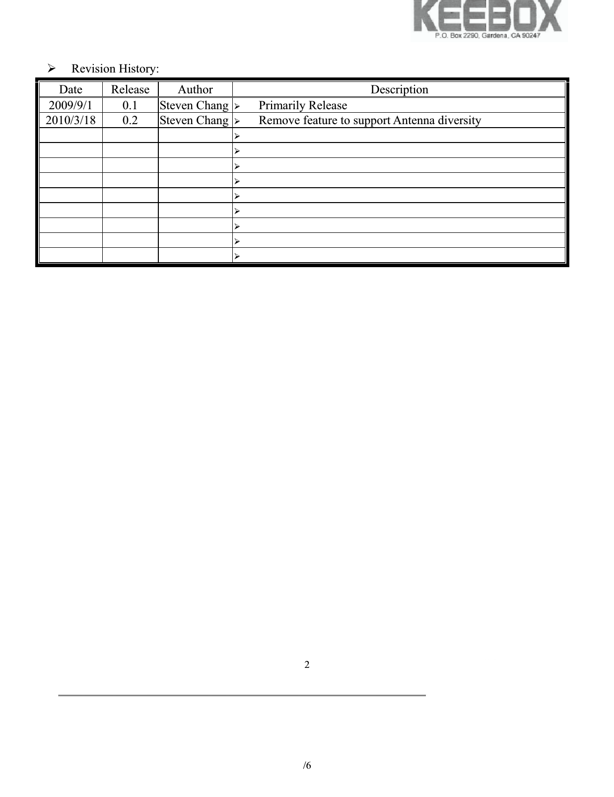           /6 2&frac34;Revision History: Date Release Author Description2009/9/1 0.1 Steven Chang  &frac34;Primarily Release 2010/3/18 0.2 Steven Chang  &frac34;Remove feature to support Antenna diversity &frac34;&frac34;&frac34;&frac34;&frac34;&frac34;&frac34;&frac34;&frac34;