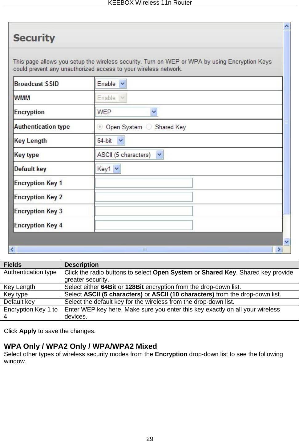 KEEBOX Wireless 11n Router29       Fields Description Authentication type Click the radio buttons to select Open System or Shared Key. Shared key provide greater security. Key Length Select either 64Bit or 128Bit encryption from the drop-down list. Key type Select ASCII (5 characters) or ASCII (10 characters) from the drop-down list. Default key Select the default key for the wireless from the drop-down list. Encryption Key 1 to 4 Enter WEP key here. Make sure you enter this key exactly on all your wireless devices.  Click Apply to save the changes.  WPA Only / WPA2 Only / WPA/WPA2 Mixed Select other types of wireless security modes from the Encryption drop-down list to see the following window. 