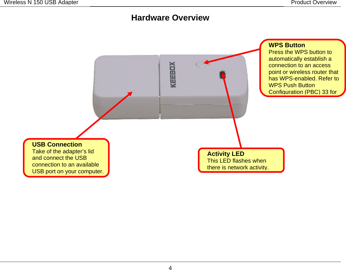        4 Wireless N 150 USB Adapter Product OverviewHardware Overview       WPS Button Press the WPS button to automatically establish a connection to an access point or wireless router that has WPS-enabled. Refer to WPS Push Button Configuration (PBC)33 for Activity LED  This LED flashes when there is network activity.USB Connection Take of the adapter&rsquo;s lid and connect the USB connection to an available USB port on your computer. 