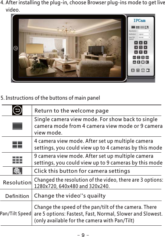 4. After installing the plug-in, choose Browser plug-ins mode to get livevideo.5. Instructions of the buttons of main panelReturn to the welcome pageSingle camera view mode. For show back to singlecamera mode from 4 camera view mode or 9 cameraview mode.4 camera view mode. After set up multiple camerasettings, you could view up to 4 cameras by this mode9 camera view mode. After set up multiple camerasettings, you could view up to 9 cameras by this modeClick this button for camera settingsResolutionChanged the resolution of the video, there are 3 options:1280x720, 640x480 and 320x240.Pan/Tilt SpeedChange the speed of the pan/tilt of the camera. Thereare 5 options: Fastest, Fast, Normal, Slower and Slowest.(only available for the camera with Pan/Tilt)Definition Change the video&apos;&apos;s quailty9