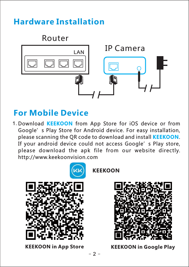 Hardware Installation2For Mobile DeviceDownload from App Store for iOS device or fromKEEKOONGoogle’s Play Store for Android device. For easy installation,please scanning the QR code to download and install .KEEKOONIf your android device could not access Google’s Play store,please download the apk file from our website directly.http://www.keekoonvision.comKEEKOON in App Store KEEKOON in Google PlayLANRouterIP Camera1.KEEKOON