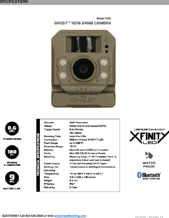 Model 3750SPECIFICATIONS03-2018 &ndash;00 Page 13QUESTIONS? Call 810-626-3026 or Visit www.hawkhunting.com