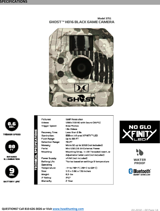 Model 3751SPECIFICATIONS03-2018 &ndash;00 Page 14QUESTIONS? Call 810-626-3026 or Visit www.hawkhunting.com