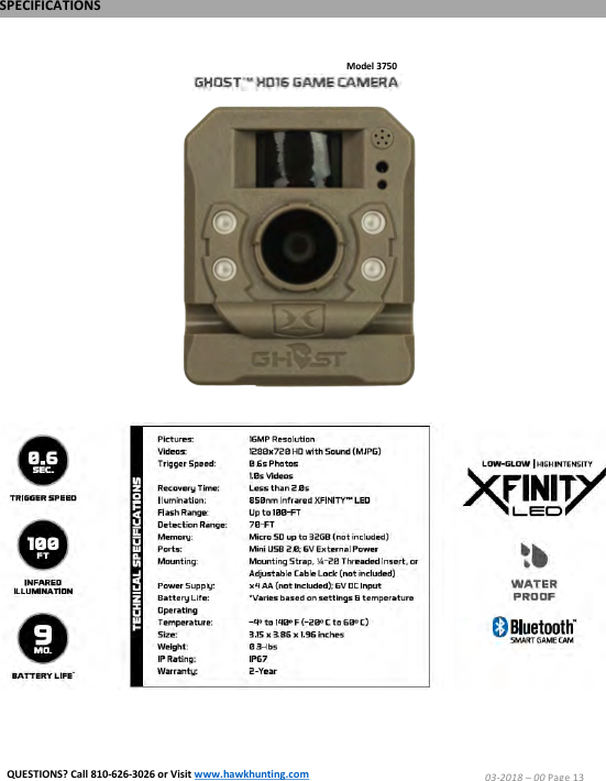 Model 3750SPECIFICATIONS03-2018 &ndash;00 Page 13QUESTIONS? Call 810-626-3026 or Visit www.hawkhunting.com