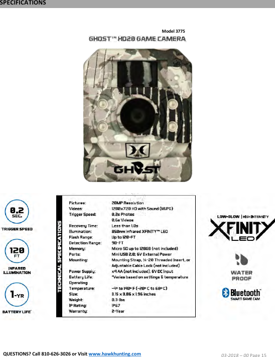 Model 3775SPECIFICATIONS03-2018 &ndash;00 Page 15QUESTIONS? Call 810-626-3026 or Visit www.hawkhunting.com