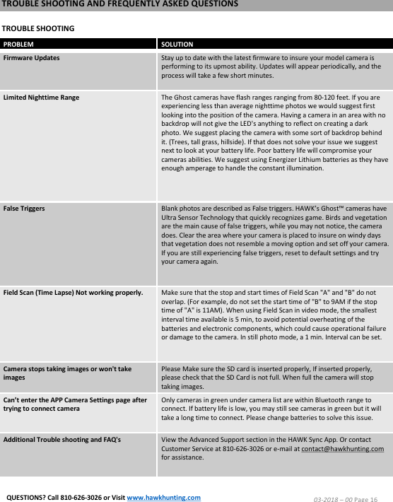 TROUBLE SHOOTING AND FREQUENTLY ASKED QUESTIONS03-2018 &ndash;00 Page 1603-2018 &ndash;00 Page 11QUESTIONS? Call 810-626-3026 or Visit www.hawkhunting.comTROUBLE SHOOTINGPROBLEMSOLUTIONFirmware UpdatesStay up to date with the latest firmware to insure your model camera is performing to its upmost ability. Updates will appear periodically, and the process will take a few short minutes.Limited Nighttime RangeThe Ghost cameras have flash ranges ranging from 80-120 feet. If you are experiencing less than average nighttime photos we would suggest first looking into the position of the camera. Having a camera in an area with no backdrop will not give the LED's anything to reflect on creating a dark photo. We suggest placing the camera with some sort of backdrop behind it. (Trees, tall grass, hillside). If that does not solve your issue we suggest next to look at your battery life. Poor battery life will compromise your cameras abilities. We suggest using Energizer Lithium batteries as they have enough amperage to handle the constant illumination.False TriggersBlank photos are described as False triggers. HAWK&rsquo;s Ghost&trade; cameras have Ultra Sensor Technology that quickly recognizes game. Birds and vegetation are the main cause of false triggers, while you may not notice, the camera does. Clear the area where your camera is placed to insure on windy days that vegetation does not resemble a moving option and set off your camera. If you are still experiencing false triggers, reset to default settings and try your camera again.Field Scan (Time Lapse) Not working properly.Make sure that the stop and start times of Field Scan "A" and "B" do not overlap. (For example, do not set the start time of "B" to 9AM if the stop time of "A" is 11AM). When using Field Scan in video mode, the smallest interval time available is 5 min, to avoid potential overheating of the batteries and electronic components, which could cause operational failure or damage to the camera. In still photo mode, a 1 min. Interval can be set.Camera stops taking images or won't take imagesPlease Make sure the SD card is inserted properly, If inserted properly, please check that the SD Card is not full. When full the camera will stop taking images.Can&rsquo;t enter the APP Camera Settings page after trying to connect cameraOnly cameras in green under camera list are within Bluetooth range to connect. If battery life is low, you may still see cameras in green but it will take a long time to connect. Please change batteries to solve this issue.Additional Trouble shooting and FAQ'sView the Advanced Support section in the HAWK Sync App. Or contact Customer Service at 810-626-3026 or e-mail at contact@hawkhunting.com for assistance.QUESTIONS? Call 810-626-3026 or Visit www.hawkhunting.com