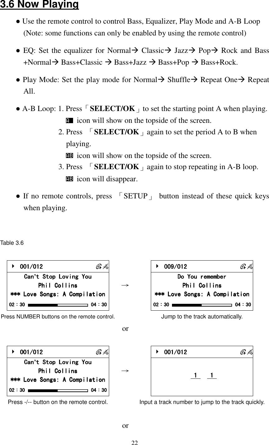  22 3.6 Now Playing ● Use the remote control to control Bass, Equalizer, Play Mode and A-B Loop (Note: some functions can only be enabled by using the remote control) ● EQ: Set the equalizer for Normal Classic Jazz Pop Rock and Bass +Normal Bass+Classic  Bass+Jazz  Bass+Pop  Bass+Rock. ● Play Mode: Set the play mode for Normal Shuffle Repeat One Repeat All. ● A-B Loop: 1. Press「SELECT/OK」to set the starting point A when playing.   icon will show on the topside of the screen. 2. Press  「SELECT/OK」again to set the period A to B when playing.   icon will show on the topside of the screen. 3. Press  「SELECT/OK」again to stop repeating in A-B loop.   icon will disappear. ● If no remote controls, press  「SETUP」  button instead of these quick keys when playing.   Table 3.6     000001/012 01/012 01/012 01/012       CanCanCanCan&rsquo;t Stop Loving Yout Stop Loving Yout Stop Loving Yout Stop Loving You    Phil CollinsPhil CollinsPhil CollinsPhil Collins    *** Love Songs: A Compilation*** Love Songs: A Compilation*** Love Songs: A Compilation*** Love Songs: A Compilation    02020202：：：：30303030     04040404：：：：30303030 Press NUMBER buttons on the remote control. &rarr;     009/012 009/012 009/012 009/012       Do You rememberDo You rememberDo You rememberDo You remember    Phil CollinsPhil CollinsPhil CollinsPhil Collins    *** Love Songs: A Compilation*** Love Songs: A Compilation*** Love Songs: A Compilation*** Love Songs: A Compilation    02020202：：：：30303030     04040404：：：：30303030 Jump to the track automatically.  or      001/012 001/012 001/012 001/012       CanCanCanCan&rsquo;t Stop Loving Yout Stop Loving Yout Stop Loving Yout Stop Loving You    Phil CollinsPhil CollinsPhil CollinsPhil Collins    *** Love Songs: A Compilation*** Love Songs: A Compilation*** Love Songs: A Compilation*** Love Songs: A Compilation    02020202：：：：30303030     04040404：：：：30303030 Press -/-- button on the remote control. &rarr;     001/012 001/012 001/012 001/012            1  1  1  1          1  1  1  1      Input a track number to jump to the track quickly.     or  