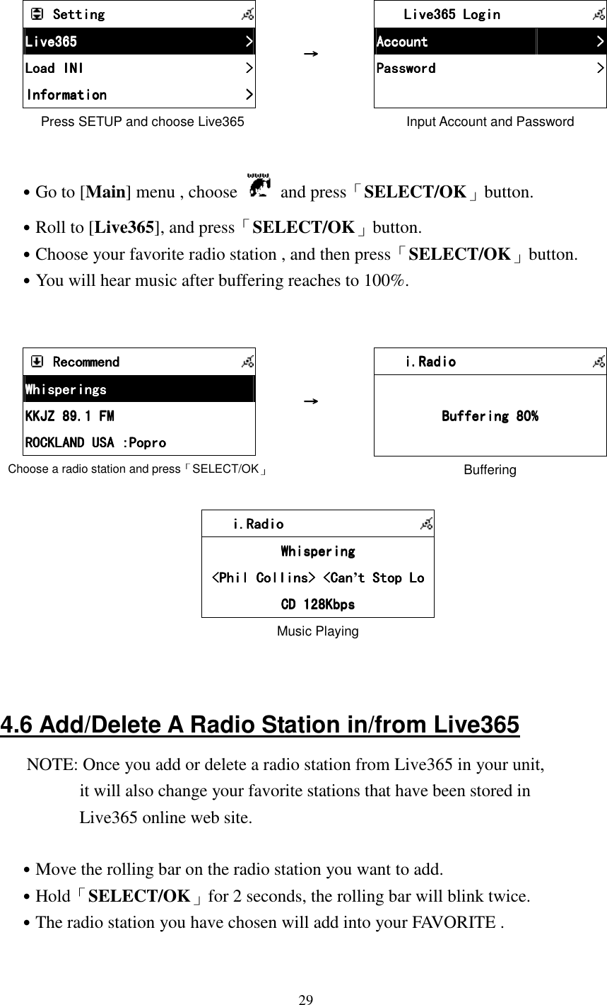  29     SettingSettingSettingSetting            Live365Live365Live365Live365     >>>>    Load INILoad INILoad INILoad INI     >>>>    InformationInformationInformationInformation     >>>>      Press SETUP and choose Live365 &rarr;&rarr;&rarr;&rarr;     Live365 LoginLive365 LoginLive365 LoginLive365 Login            AccountAccountAccountAccount     >>>>    PasswordPasswordPasswordPassword     >>>>            Input Account and Password    ˙Go to [Main] menu , choose    and press「SELECT/OK」button. ˙Roll to [Live365], and press「SELECT/OK」button. ˙Choose your favorite radio station , and then press「SELECT/OK」button. ˙You will hear music after buffering reaches to 100%.    RecommendRecommendRecommendRecommend            WhisperingsWhisperingsWhisperingsWhisperings        KKJZ 89.1 FMKKJZ 89.1 FMKKJZ 89.1 FMKKJZ 89.1 FM        ROCKLAND USA :PoproROCKLAND USA :PoproROCKLAND USA :PoproROCKLAND USA :Popro        Choose a radio station and press「SELECT/OK」 &rarr;&rarr;&rarr;&rarr;     i.Radioi.Radioi.Radioi.Radio            Buffering 80%Buffering 80%Buffering 80%Buffering 80%    Buffering     i.Radioi.Radioi.Radioi.Radio            WhisperingWhisperingWhisperingWhispering    <Phil Collins> <Can<Phil Collins> <Can<Phil Collins> <Can<Phil Collins> <Can&rsquo;t Stop Lot Stop Lot Stop Lot Stop Lo    CD 128KbpsCD 128KbpsCD 128KbpsCD 128Kbps    Music Playing   4.6 Add/Delete A Radio Station in/from Live365 NOTE: Once you add or delete a radio station from Live365 in your unit, it will also change your favorite stations that have been stored in Live365 online web site.  ˙Move the rolling bar on the radio station you want to add. ˙Hold「SELECT/OK」for 2 seconds, the rolling bar will blink twice. ˙The radio station you have chosen will add into your FAVORITE .  